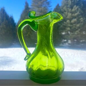 Vintage Green Glass Small Pitcher 4.5” Tall